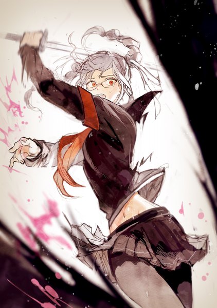 Anime-Bild 800x1137 mit dangan ronpa super dangan ronpa 2 pekoyama peko gomosawa single long hair tall image open mouth looking away silver hair braid (braids) pleated skirt bare belly twin braids fighting stance girl skirt uniform weapon sword