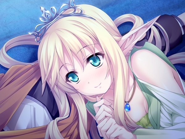 Anime picture 1600x1200 with maou to odore! long hair blush blonde hair green eyes game cg light smile girl crown