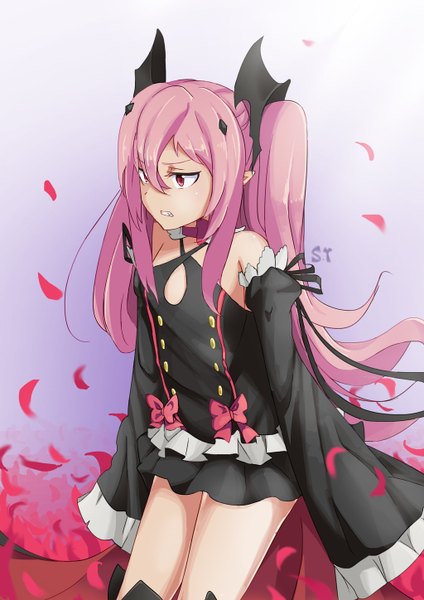 Anime picture 1024x1448 with owari no seraph wit studio kururu tepes miniyippo single long hair tall image fringe hair between eyes standing twintails bare shoulders signed payot looking away pink hair long sleeves pink eyes from above pointy ears