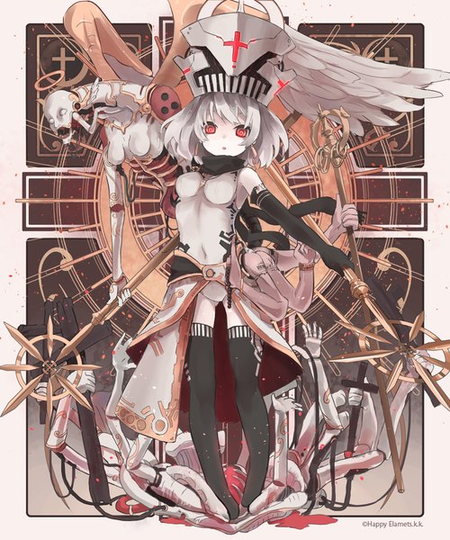 Anime picture 833x1000 with majoca majoluna nanashina (artist) single tall image looking at viewer fringe short hair breasts light erotic red eyes bare shoulders silver hair girl thighhighs gloves navel black thighhighs earrings wings black gloves
