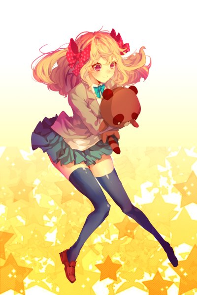 Anime picture 900x1350 with gekkan shoujo nozaki-kun doga kobo sakura chiyo yelsh single long hair tall image blush blonde hair smile purple eyes looking away girl thighhighs uniform bow black thighhighs hair bow school uniform animal