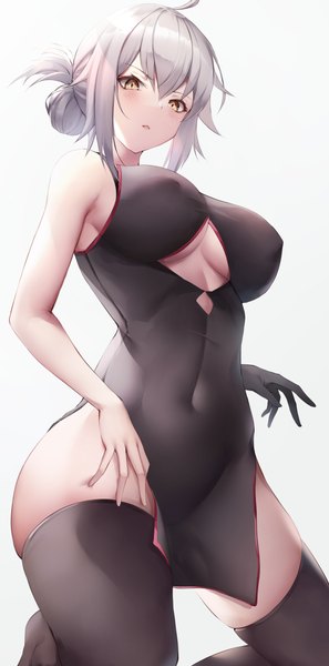 Anime picture 2520x5093 with fate (series) fate/grand order jeanne d'arc (fate) (all) jeanne d'arc alter (fate) kisaki oni single tall image looking at viewer blush fringe highres short hair breasts open mouth light erotic simple background hair between eyes large breasts yellow eyes payot