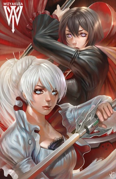 Anime picture 600x927 with rwby rooster teeth ruby rose weiss schnee wizyakuza long hair tall image looking at viewer fringe short hair breasts blue eyes black hair blonde hair purple eyes multiple girls holding parted lips fingernails lips
