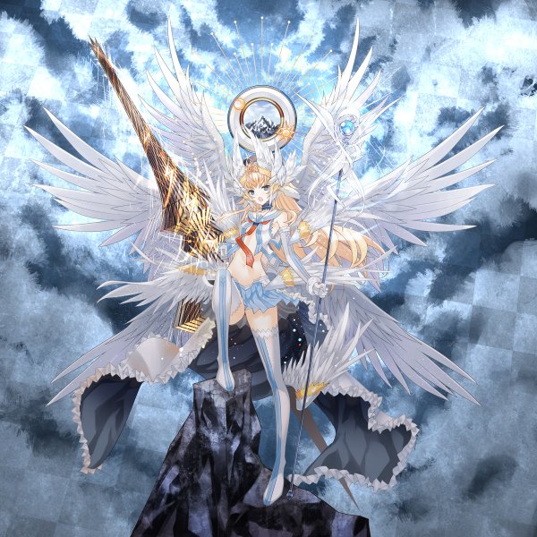 Anime picture 1200x1200 with original achunchun single long hair looking at viewer fringe open mouth blue eyes blonde hair standing bare shoulders holding sky cloud (clouds) bent knee (knees) pleated skirt bare belly mountain head wings white wings