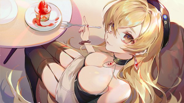 Anime picture 1422x800 with original machi (7769) single fringe breasts light erotic blonde hair hair between eyes wide image large breasts sitting brown eyes cleavage very long hair from above piercing ear piercing girl thighhighs black thighhighs