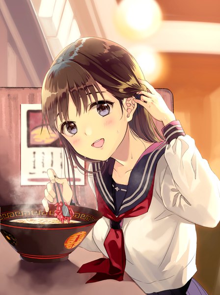 Anime picture 2089x2796 with original matsuzaki miyuki single long hair tall image looking at viewer blush fringe highres open mouth blue eyes brown hair indoors long sleeves :d blurry sweat steam hair tucking girl