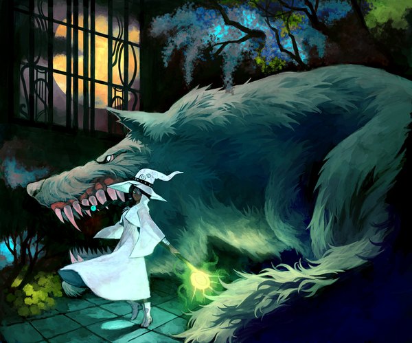 Anime picture 1000x833 with original lack looking at viewer short hair black hair aqua eyes teeth fang (fangs) magic witch girl plant (plants) animal tree (trees) boots witch hat full moon staff wolf