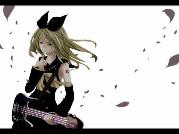 Anime picture 1200x900 with vocaloid kagamine rin modoromi single long hair blonde hair green eyes girl hair ornament bow hair bow detached sleeves petals necktie bobby pin musical instrument guitar