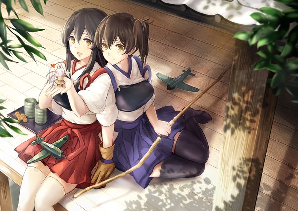 Anime picture 1500x1063 with kantai collection kaga aircraft carrier akagi aircraft carrier fairy (kantai collection) tagme (artist) long hair short hair open mouth black hair sitting multiple girls yellow eyes traditional clothes girl thighhighs weapon black thighhighs 2 girls white thighhighs food