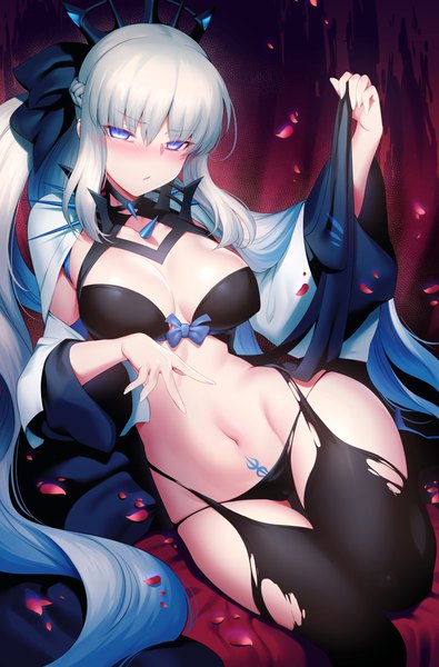 Anime picture 2766x4197 with fate (series) fate/grand order morgan le fay (fate) mdastarou single long hair tall image looking at viewer blush fringe highres breasts blue eyes light erotic hair between eyes large breasts sitting holding payot silver hair