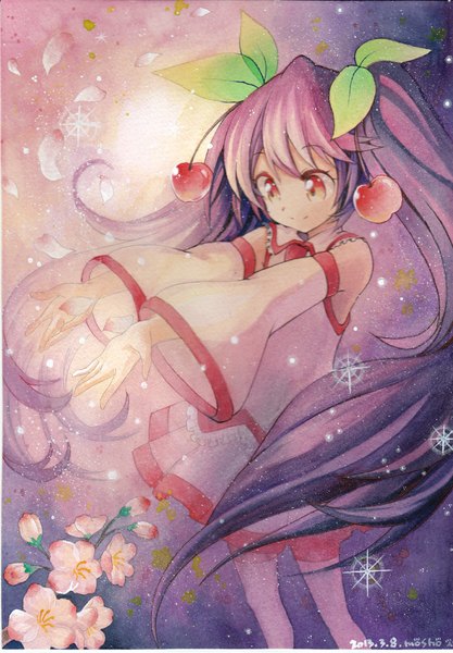 Anime picture 696x1000 with vocaloid hatsune miku sakura miku mosho single long hair tall image smile red eyes twintails bare shoulders signed pink hair cherry blossoms traditional media watercolor (medium) girl plant (plants) detached sleeves petals