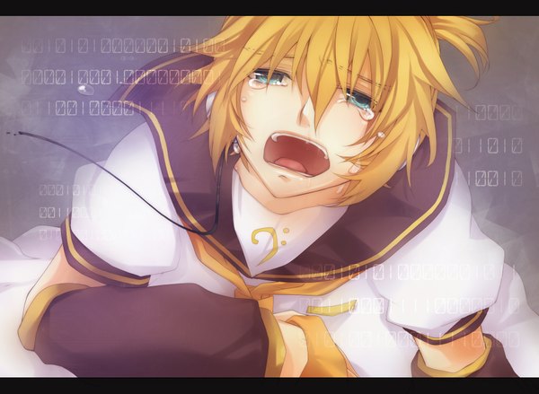 Anime picture 1748x1281 with vocaloid kagamine len mukkun highres open mouth blue eyes blonde hair tears crying boy detached sleeves headphones sailor suit wire (wires)