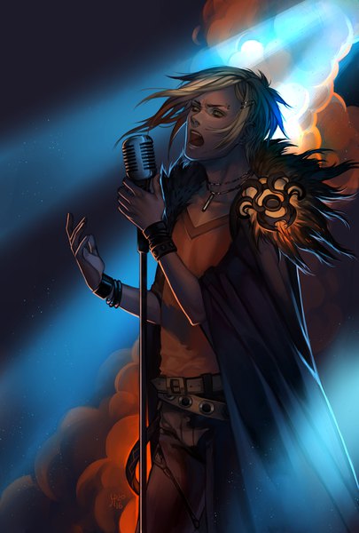 Anime picture 900x1333 with original saiprin single tall image short hair blonde hair standing green eyes signed piercing light smoke singing concert boy hairclip pendant fur cape t-shirt