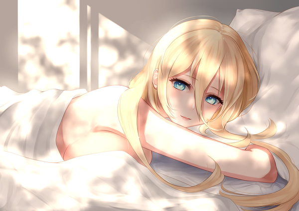 Anime picture 1800x1271 with azur lane bismarck (azur lane) cacaofire single long hair looking at viewer blush fringe highres breasts blue eyes light erotic blonde hair hair between eyes large breasts upper body indoors lying on stomach convenient censoring