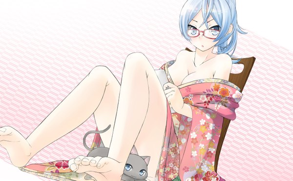 Anime picture 3053x1891 with original nekobaka single highres breasts blue eyes light erotic wide image blue hair japanese clothes barefoot girl glasses kimono obi cat
