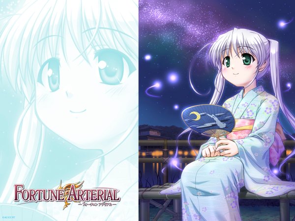Anime picture 1280x960 with fortune arterial august soft galge.com tougi shiro bekkankou single long hair blush sitting twintails green eyes looking away silver hair ahoge traditional clothes japanese clothes night wallpaper night sky copyright name