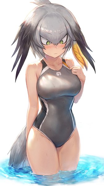 Anime picture 600x1066 with kemono friends shoebill (kemono friends) guchico single long hair tall image blush fringe breasts light erotic simple background hair between eyes standing white background bare shoulders green eyes signed tail animal tail grey hair