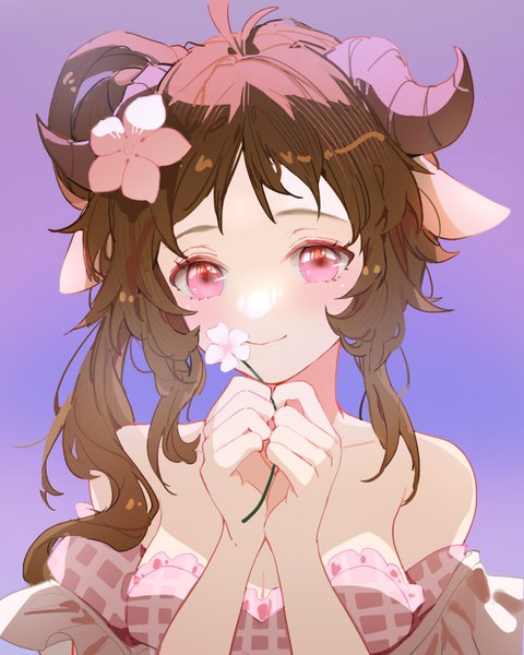 Anime picture 800x1000 with arknights eyjafjalla (arknights) eyjafjalla (summer flower) (arknights) indai (3330425) single long hair tall image looking at viewer blush simple background smile brown hair animal ears upper body pink eyes hair flower horn (horns) official alternate costume purple background girl