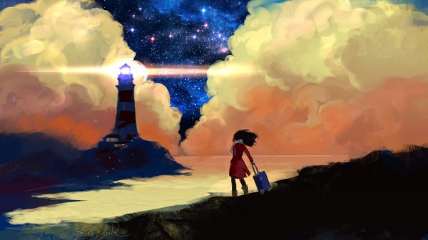 Anime picture 1800x1013 with original anndr (artist) single long hair highres black hair wide image standing signed cloud (clouds) wind from behind night night sky light seaside girl sea star (stars) coat