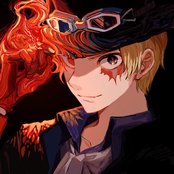 Anime picture 1773x1773 with one piece toei animation portgas d. ace sabo (one piece) yadu nadu single looking at viewer highres short hair blue eyes simple background blonde hair smile upper body black background portrait scar adjusting hat goggles on head boy