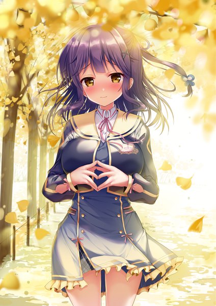 Anime picture 1061x1500 with twinbox school original nanami yuuno sousouman single long hair tall image looking at viewer blush fringe breasts standing yellow eyes payot purple hair outdoors long sleeves light smile wind autumn