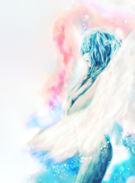 Anime picture 1180x1600 with original kanbara nagi single long hair tall image open mouth standing blue hair eyes closed profile pale skin angel wings singing girl wings
