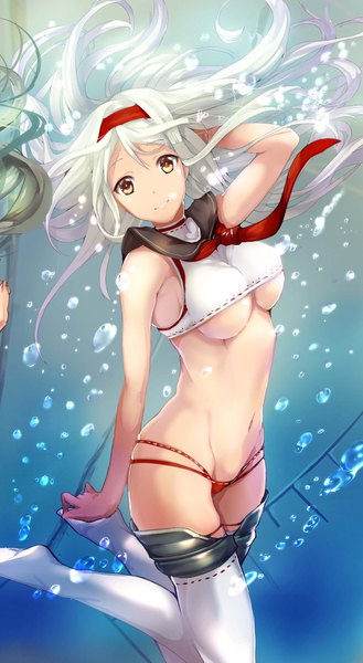 Anime picture 1125x2047 with kantai collection shoukaku aircraft carrier satou daiji long hair tall image looking at viewer breasts light erotic smile large breasts yellow eyes bent knee (knees) white hair floating hair underboob solo focus arm behind head underwater sailor collar girl