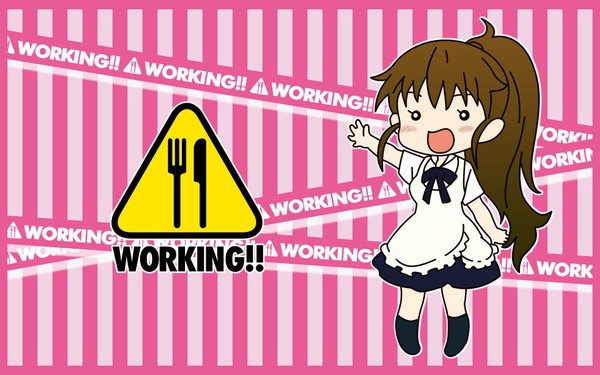 Anime picture 1920x1200 with working!! a-1 pictures taneshima popura single long hair blush highres open mouth brown hair wide image full body waitress o o girl socks black socks apron sign