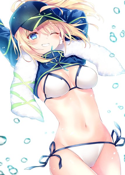 Anime picture 700x979 with fate (series) fate/grand order artoria pendragon (all) mysterious heroine xx (foreigner) nogi takayoshi single long hair tall image breasts blue eyes light erotic blonde hair smile ahoge ponytail one eye closed wink grin groin towel around neck