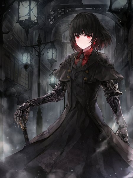 Anime picture 3000x4000 with original crystalherb single tall image looking at viewer blush fringe highres short hair black hair red eyes standing outdoors fog mechanical arms steam punk girl dress earrings necktie