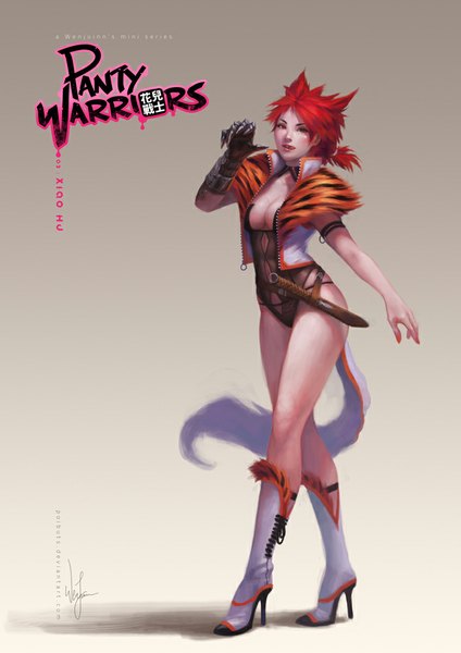 Anime picture 672x950 with panty warriors (poibuts) xiao hu (panty warriors) poibuts single tall image looking at viewer short hair light erotic simple background red eyes red hair lips inscription high heels legs lipstick eyebrows red lipstick girl tongue