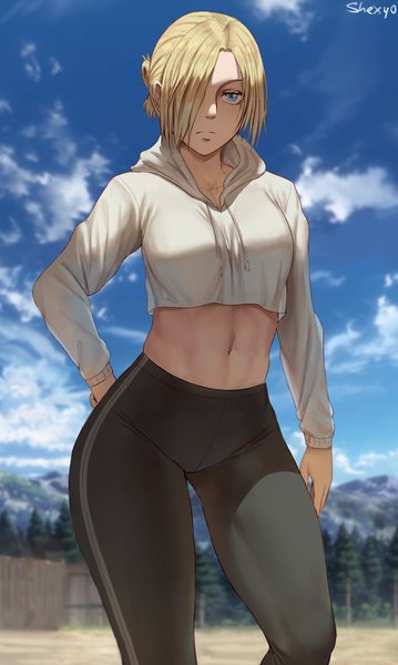 Anime picture 2096x3500 with shingeki no kyojin production i.g annie leonhart shexyo single tall image looking at viewer fringe highres short hair blue eyes blonde hair standing signed sky cloud (clouds) outdoors long sleeves hair over one eye midriff