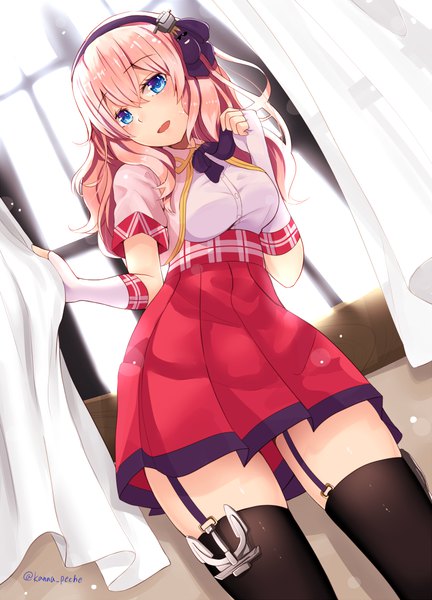 Anime picture 900x1250 with azur lane leander (azur lane) narushima kanna single long hair tall image looking at viewer blush fringe breasts open mouth blue eyes blonde hair smile hair between eyes standing signed indoors head tilt :d