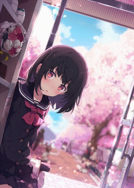 Anime picture 857x1200 with original ogipote single tall image looking at viewer blush fringe short hair black hair red eyes head tilt cherry blossoms spring graduation girl uniform flower (flowers) plant (plants) petals tree (trees)