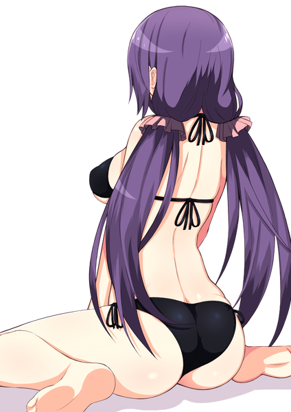 Anime picture 700x990 with love live! school idol project sunrise (studio) love live! toujou nozomi ponkotsu (ayarosu) single long hair tall image breasts light erotic sitting twintails purple hair ass barefoot from behind sideboob low twintails back underboob