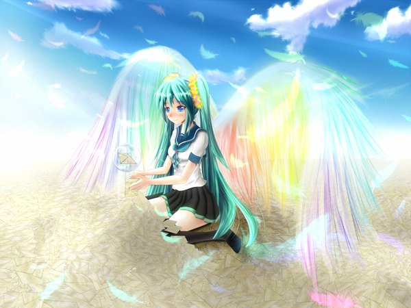 Anime picture 2000x1500 with vocaloid hatsune miku tagme (artist) highres blue eyes sky cloud (clouds) very long hair hair flower green hair flying girl hair ornament wings serafuku paper airplane origami