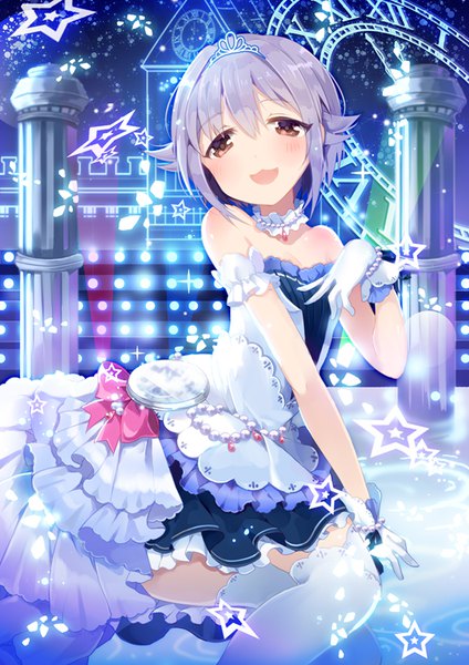 Anime picture 620x877 with idolmaster idolmaster cinderella girls idolmaster cinderella girls starlight stage koshimizu sachiko chocho (homelessfox) single tall image looking at viewer blush fringe short hair open mouth bare shoulders brown eyes purple hair :d :3 starry sky bright girl thighhighs