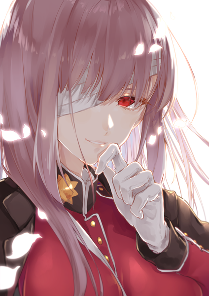 Anime picture 1191x1684 with fate (series) fate/grand order florence nightingale (fate) hoshino ruru single long hair tall image looking at viewer fringe simple background smile red eyes white background purple hair upper body blunt bangs long sleeves parted lips wind glowing