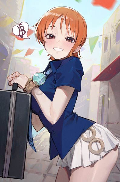 Anime-Bild 2176x3300 mit one piece toei animation nami (one piece) sooon single tall image looking at viewer highres short hair light erotic smile brown eyes outdoors ass pleated skirt orange hair grin girl skirt miniskirt