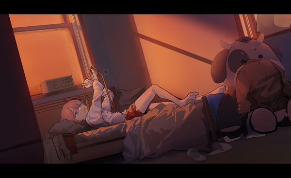 Anime picture 4093x2500 with doki doki literature club sayori (doki doki literature club) dongdong (uingssi) single fringe highres short hair hair between eyes wide image holding pink hair absurdres full body bent knee (knees) indoors lying long sleeves parted lips barefoot sunlight