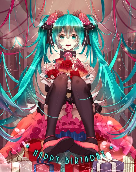 Anime picture 1300x1640 with vocaloid hatsune miku phino (jinko0094) single tall image looking at viewer open mouth sitting twintails very long hair aqua eyes aqua hair happy birthday girl thighhighs dress hair ornament flower (flowers) bow ribbon (ribbons)