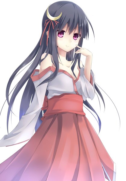 Anime picture 2633x3777 with original makadamia single long hair tall image highres black hair simple background white background purple eyes bare shoulders miko girl hair ornament