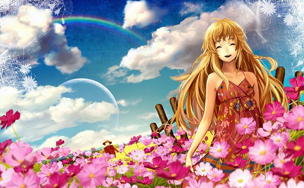 Anime picture 1000x621 with original siro single long hair blonde hair wide image sky cloud (clouds) eyes closed girl flower (flowers) moon sundress rainbow