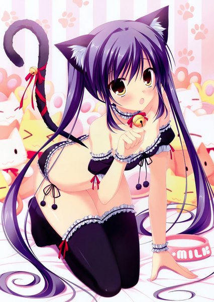 Anime picture 4107x5790 with da capo iii rukawa sara takano yuki (allegro mistic) single long hair tall image looking at viewer blush highres open mouth light erotic twintails bare shoulders brown eyes animal ears absurdres purple hair animal tail cat ears scan