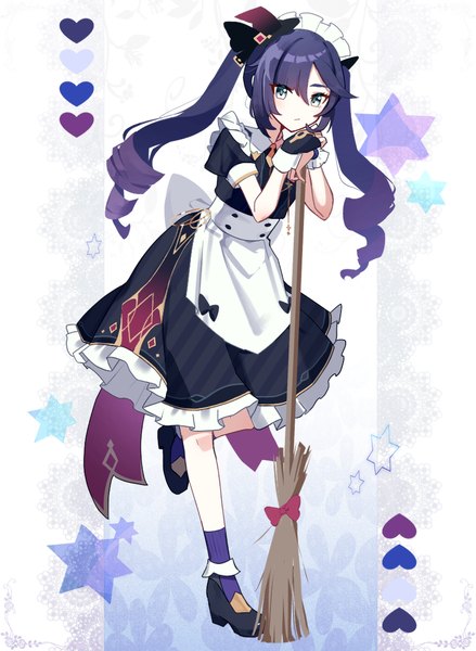 Anime picture 1248x1704 with genshin impact mona megistus utori (tanakautori) single long hair tall image looking at viewer fringe black hair simple background standing twintails payot full body blunt bangs maid grey eyes high heels alternate costume drill hair
