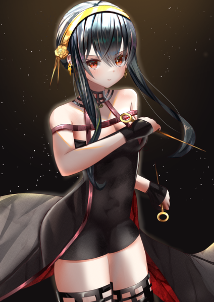 Anime picture 1457x2064 with spy x family yor briar mitsu336 single long hair tall image looking at viewer blush fringe breasts light erotic black hair simple background hair between eyes red eyes large breasts standing bare shoulders holding black background