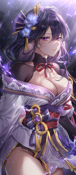 Anime picture 871x2000 with genshin impact raiden shogun pillo single long hair tall image looking at viewer fringe breasts light erotic hair between eyes large breasts standing purple eyes cleavage purple hair traditional clothes japanese clothes off shoulder mole