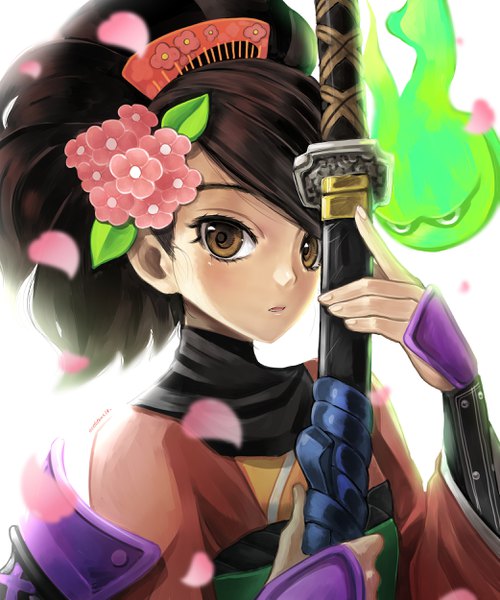 Anime-Bild 2083x2500 mit oboro muramasa (game) vanillaware momohime eudetenis single tall image looking at viewer blush fringe highres short hair brown hair white background holding brown eyes upper body ponytail traditional clothes parted lips japanese clothes