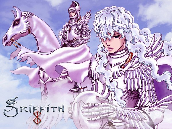 Anime picture 1024x768 with berserk griffith long hair blue eyes sky cloud (clouds) white hair boy armor helmet horse
