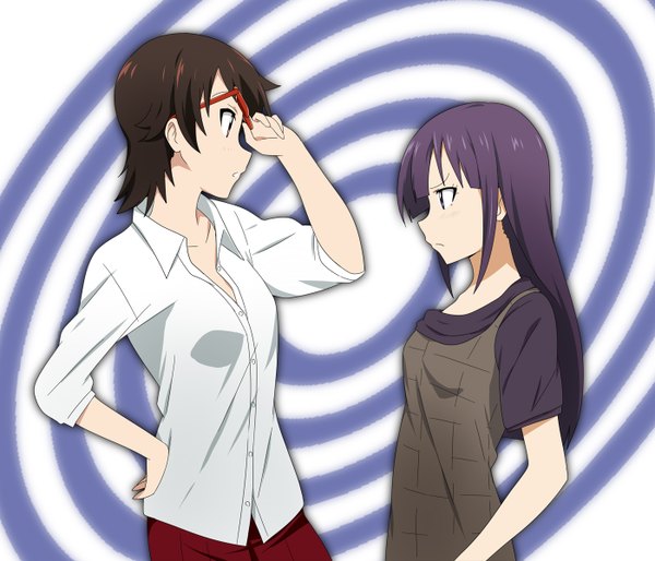 Anime picture 1400x1200 with k-on! working!! a-1 pictures kyoto animation yamada aoi manabe nodoka ikari manatsu long hair short hair black hair multiple girls purple hair upper body profile hand on hip crossover girl 2 girls shirt glasses